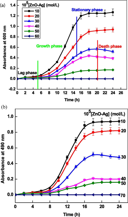 Growth profile of S. arueus (A) and C. albicans strains (B) as a function of ZnO-Ag NPs concentrations at 298 K.