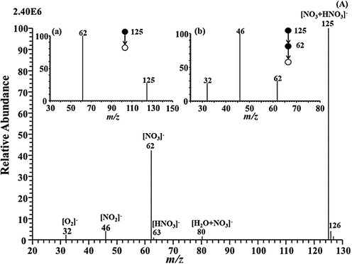 MS and MS/MS spectra of background-ion species obtained by MPT-MS with negative ion detection mode.