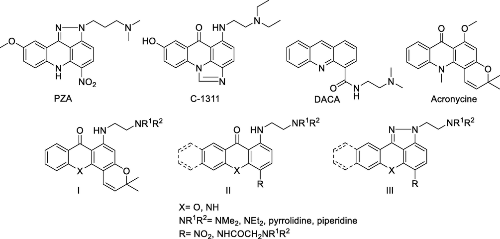 Structures of PZA, C-1311, DACA, acronycine, and compounds prepared by our group (I – III).