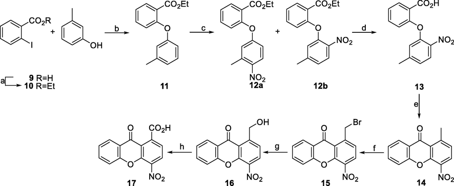 Reagents and conditions: a) c. H2SO4, abs. EtOH, reflux; b) CuCl, K2CO3, Pyr, reflux; c) fum. HNO3, 0 °C, rt; d) NaOH 40%, EtOH, rt; e) PPA, 110 °C; f) NBS, dibenzoyl peroxide, CCl4, UV (140 Watt); g) AgNO3, (CH3)2CO-H2O, rt; h) Jones reagent, (CH3)2CO, rt.