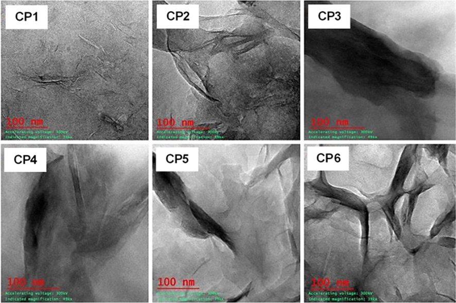 TEM micrographs of starch-bentonite composite (CP1), starch-CTA-ben composite (CP2), starch sebacate-CTA-ben composites (CP3), starch dodecanedioate-CTA-ben composite (CP4), starch terephthalate-CTA-ben composite (CP5) and starch sebacate-bentonite composite (CP6).