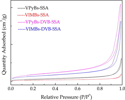 N2 adsorption–desorption isotherms of PILs.