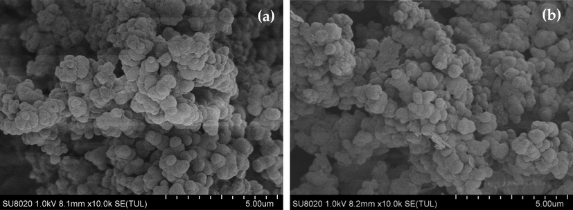 The SEM images of PILs. (a) Fresh VIMBs-DVB-SSA, (b) Reused for 4 times.