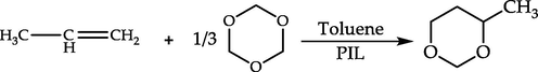 The Prins reaction of 1, 3, 5-trioxane with propylene catalyzed by PILs.