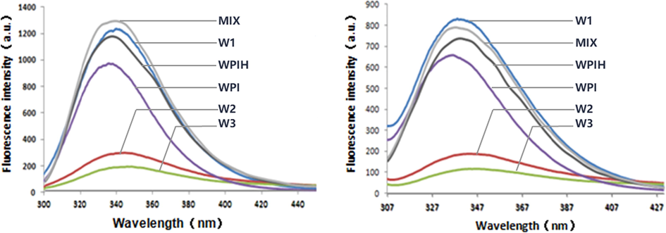 Intrinsic emission fluorescence spectra of native WPI, WPIH, MIX and different types of Maillard reaction products (MRPs) at λex = 280 nm (a) and λex = 295 nm (b).