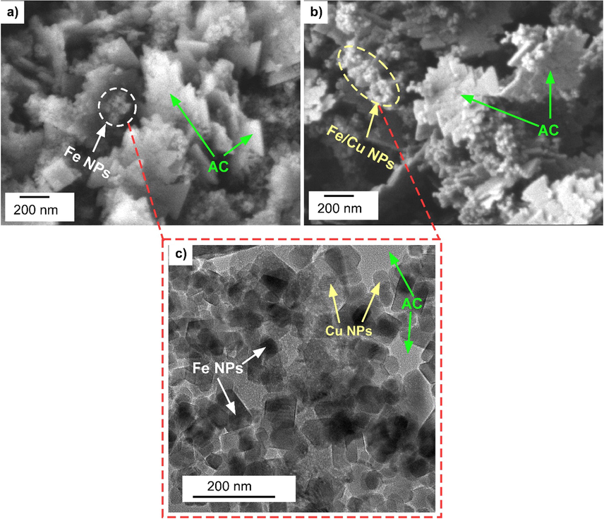 (a, b) SEM images and (c) TEM image of Fe3O4-CuO-AC composite.