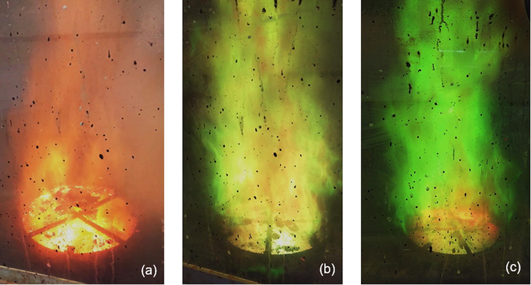 Images of combustion flames captured during the syntheses of the ferrites: (a) NZ, (b) NZC2 and (c) NZC3.