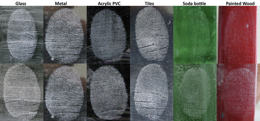 Groomed latent fingermarks from the same donor developed using silica nanoparticle (top) and SIRCHIE white powder (bottom) on multiple non-porous surfaces.