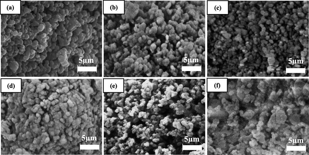 Morphology of (a) CMD900, (b) Fe/CMD900, (c) Co/CMD900, (d) Ni/CMD900, (e) Cu/CMD900 and (f) Zn/CMD900 catalysts at 60 k magnification.