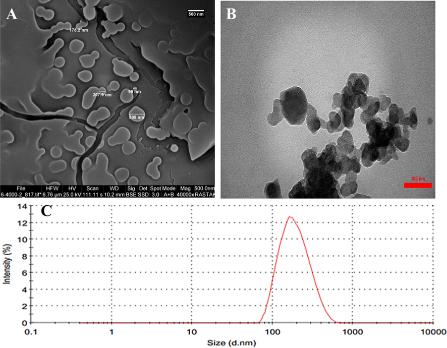 SEM image (A), TEM image (B), and DLS plot (C) of prepared quercetin-HSA nano-complex prepared through desolvation method. SEM and TEM images reveal that the dimension of quercetin-HSA nano-complex is in the range of 100 to 500 nm. The DLS analysis indicates that the hydrodynamic radius of quercetin-HSA nano-complex is about 210.37 nm.