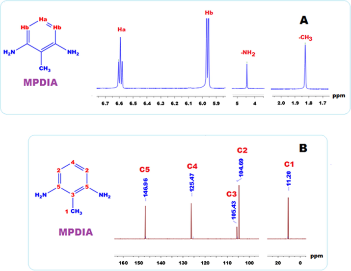 1H NMR (A) and 13C NMR (B) spectra of MPDIA in DMSO‑d6.