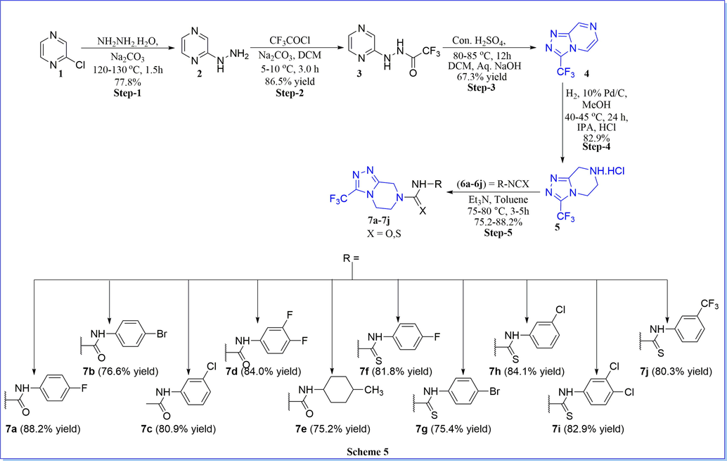 Synthesis of N-phenyl-3-(trifluoromethyl)-5,6-dihydro-[1,2,4]triazolo[4,3-a]pyrazine-7(8H)-carboxamide and N-phenyl-3-(trifluoromethyl)-5,6-dihydro-[1,2,4]triazolo[4,3-a]pyrazine-7(8H)-carbothioamide compound derivatives.