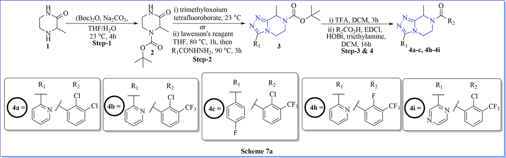 Synthesis of derivative of methyl-substituted 1-(5,6-dihydro-[1,2,4]triazolo[4,3-a]pyrazin-7(8H)-yl)methanone.