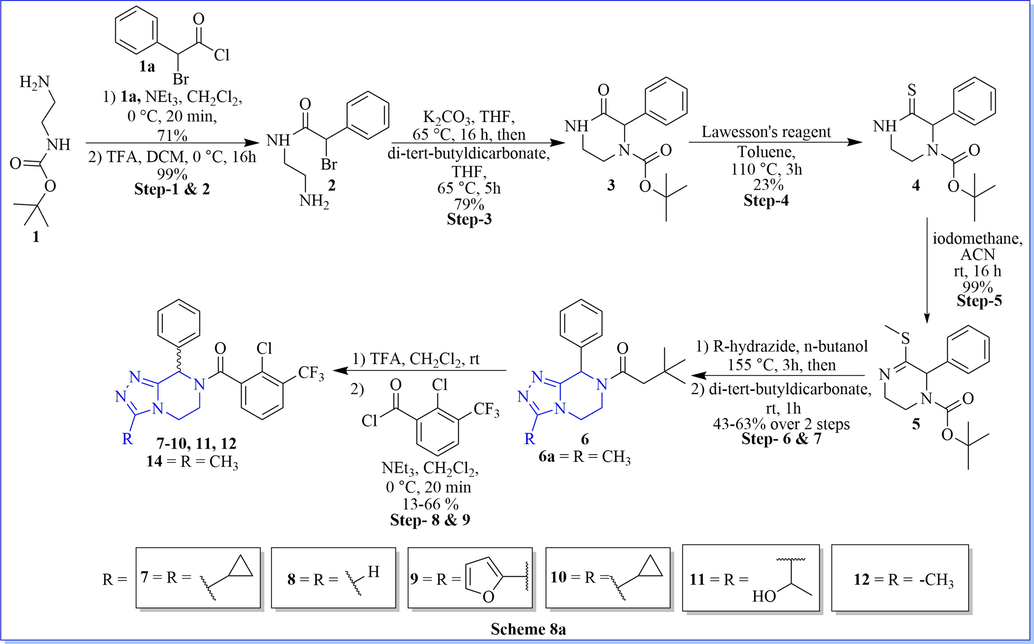 Synthesis of various derivatives of (2-chloro-3-(trifluoromethyl)phenyl)(8-phenyl-5,6-dihydro-[1,2,4]triazolo[4,3-a]pyrazin-7(8H)-yl)methanone.