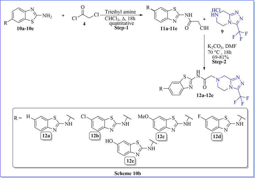 Synthesis of various derivatives of 3-(trifluoromethyl)-5,6,7,8-tetrahydro-[1,2,4]triazolo[4,3-a]pyrazine.