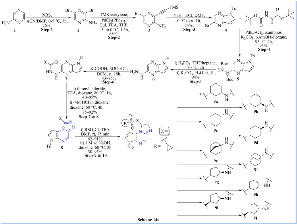 Synthesis of 1-substituted 6H-pyrrolo[2,3-e][1,2,4]triazolo[4,3-a]pyrazine derivatives.