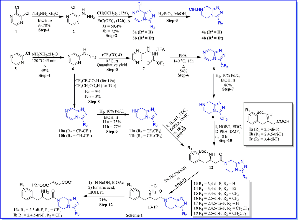 Synthesis of (R)-3-amino-1-(5,6-dihydro-[1,2,4]triazolo[4,3-a]pyrazin-7(8H)-yl)-4-phenylbutan-1-one derivatives.