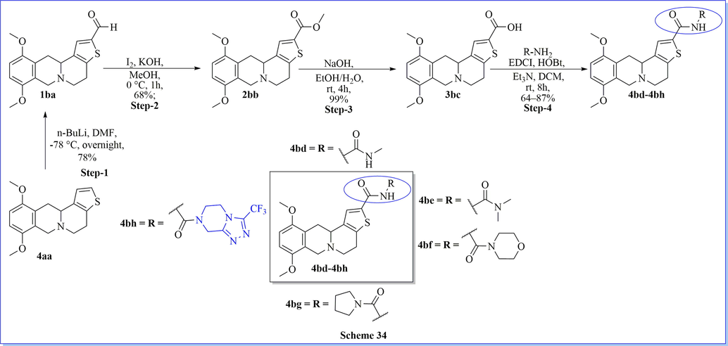 synthesis of 4,7,12,12a-tetrahydro-5H-thieno[3′,2′:3,4]pyrido[1,2-b] isoquinolines derivatives.