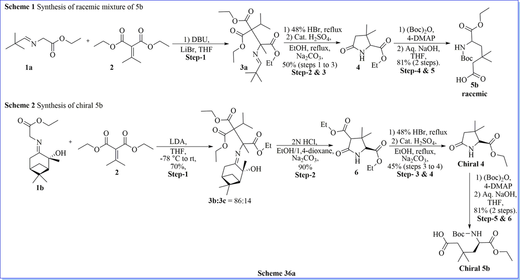 Synthesis of chiral and racemic compound of 5-((tert-butoxycarbonyl)amino)-6-ethoxy-3,3-dimethyl-6-oxohexanoic acid.