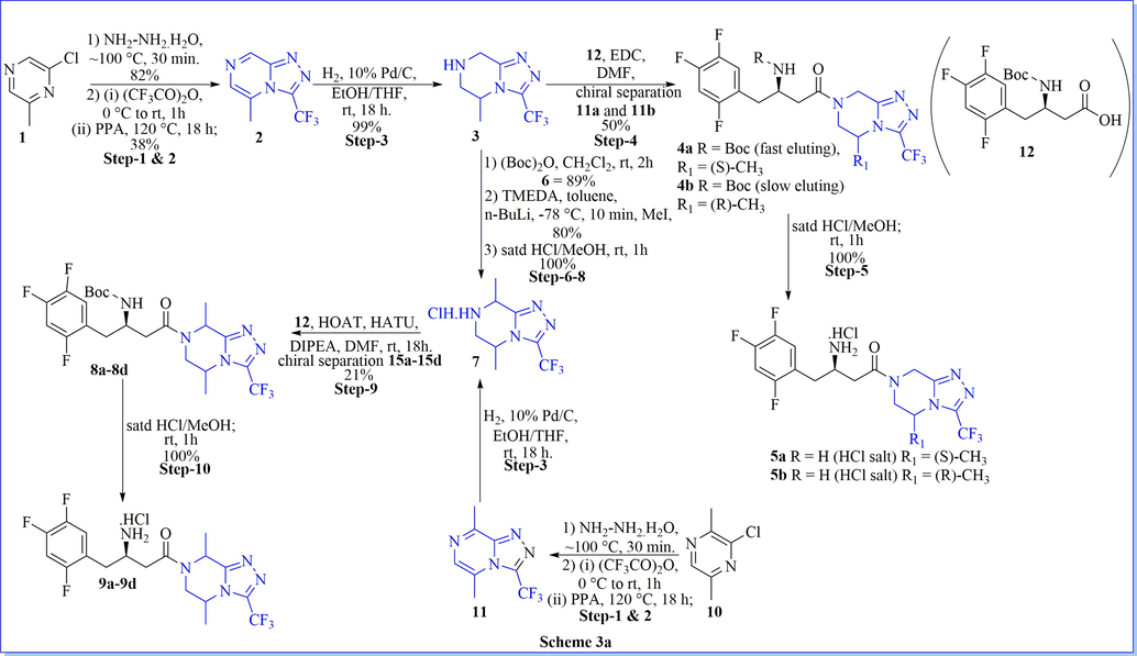 Synthesis of (R)-3-amino-1-(3-(trifluoromethyl)-5,6-dihydro-[1,2,4]triazolo[4,3-a]pyrazin-7(8H)-yl)-4-(2,4,5-trifluorophenyl)butan-1-one derivatives.