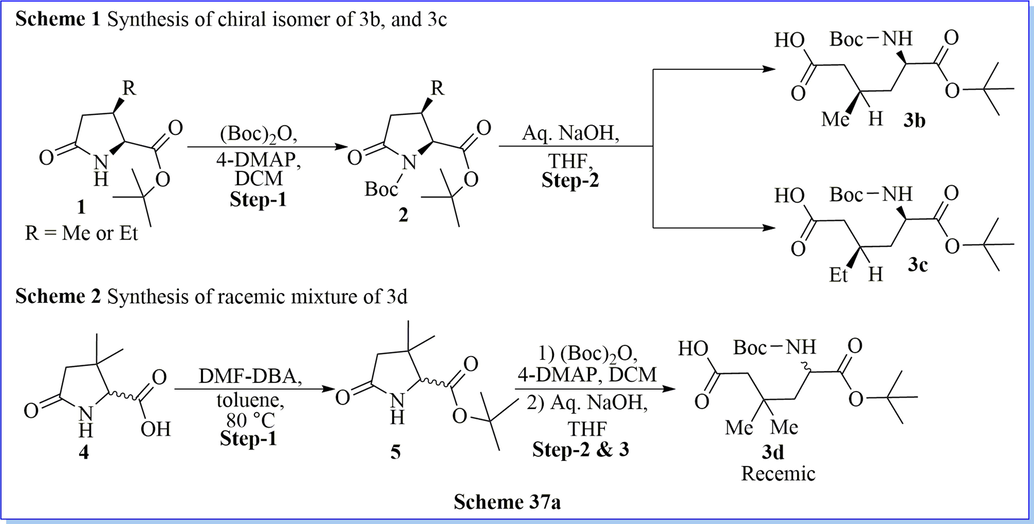 Synthesis of chiral and racemic compound of 6-(tert-butoxy)-5-((tert-butoxycarbonyl)amino)-3-ethyl-6-oxohexanoic acid.