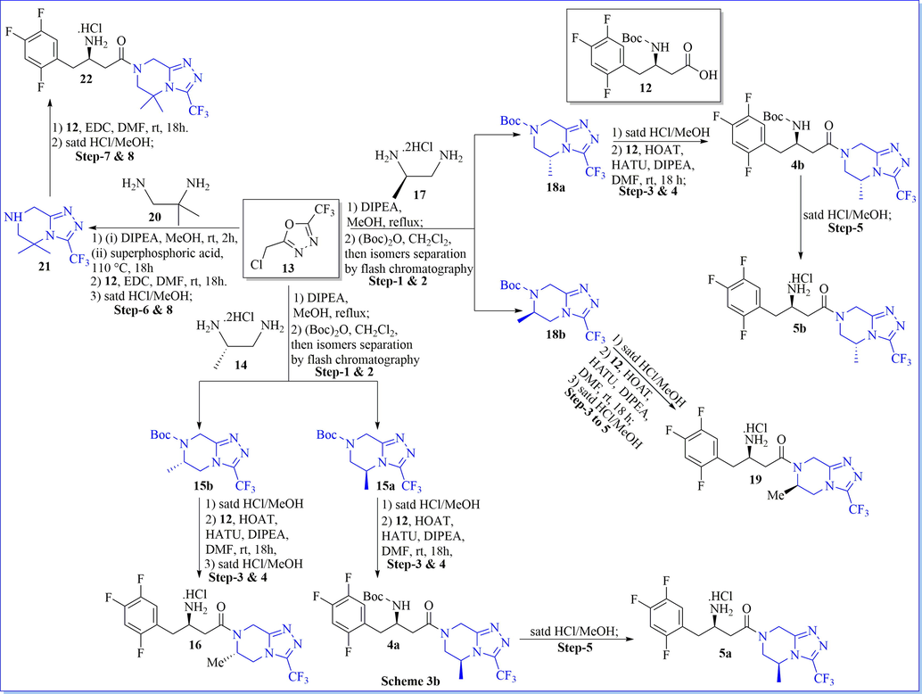 Synthesis of (R)-3-amino-1-(5,5-dimethyl-3-(trifluoromethyl)-5,6-dihydro-[1,2,4]triazolo[4,3-a]pyrazin-7(8H)-yl)-4-(2,4,5-trifluorophenyl)butan-1-one and (R)-3-amino-1-(3-(trifluoromethyl)-5,6-dihydro-[1,2,4]triazolo[4,3-a]pyrazin-7(8H)-yl)-4-(2,4,5-trifluorophenyl)butan-1-one derivatives.