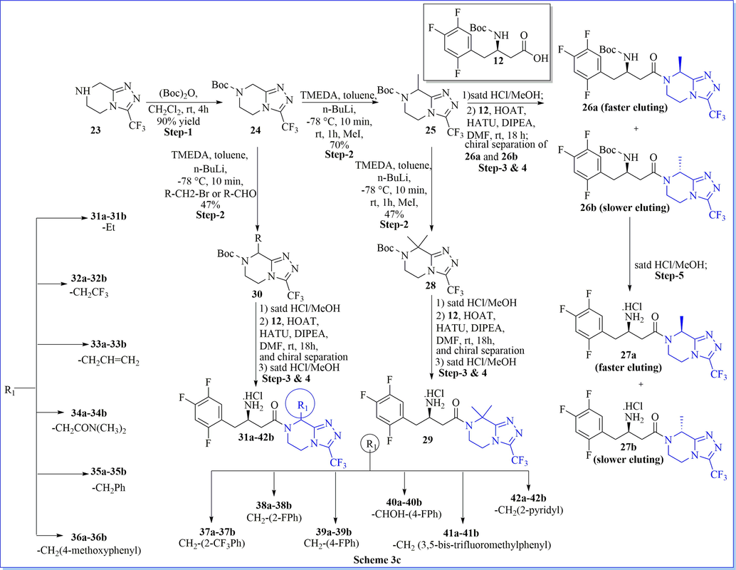 Synthesis of (3R)-3-amino-1-(8-subsituted-3-(trifluoromethyl)-5,6-dihydro-[1,2,4]triazolo[4,3-a]pyrazin-7(8H)-yl)-4-(2,4,5-trifluorophenyl)butan-1-one derivatives.