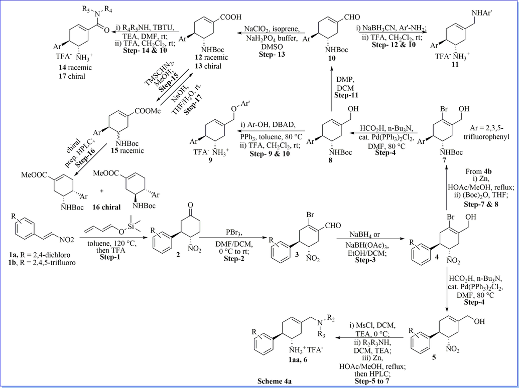 Synthesis of (1R, 2S)-4-(aminomethyl)-1,2,3,6-tetrahydro-[1,1′-biphenyl]-2-aminium TFA salt derivatives.