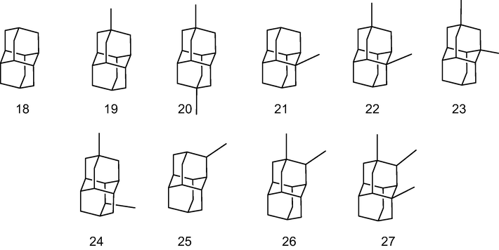 Diamantane and alkyl analogs studied by B3LYP-D3/6-311+G** theoretical method.