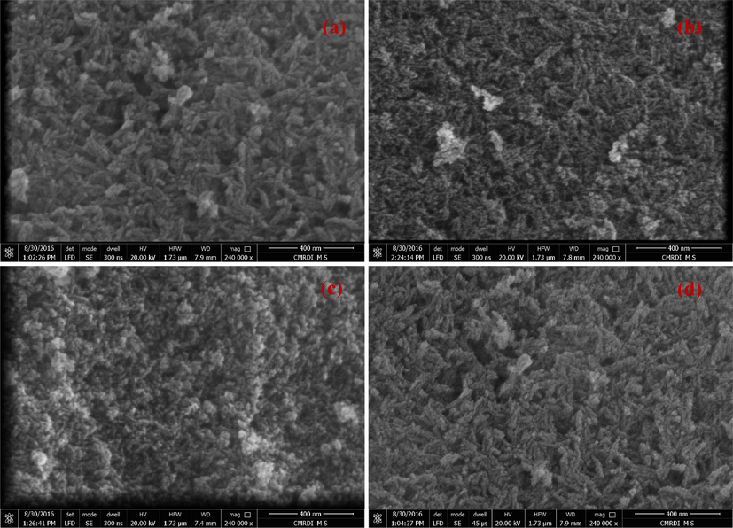 FESEM micrographs of as-synthesized Pd-HAP; (a) 0.0pd-HAP, (b) 0.4Pd-HAP, (c) 0.6Pd-HAP and (d) 1.0Pd-HAP.