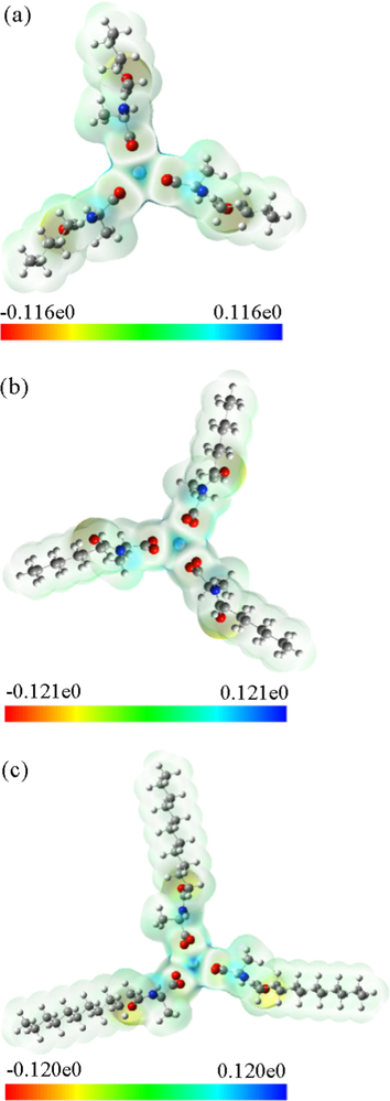 Molecular electrostatic potential surface maps of the yttrium complexes (a) Y(hex-ala)3; (b) Y(oct-ala)3; (c) Y(dod-ala)3.