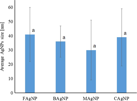 The size of AgNPs synthesized using different reagents (chemical – CAgNPs, bacterial – BAgNPs, mucilage – MAgNPs, and fungal – FAgNPs) estimated based on TEM micrographs. Values are the average of three replicates ± SD. (p < 0.05).