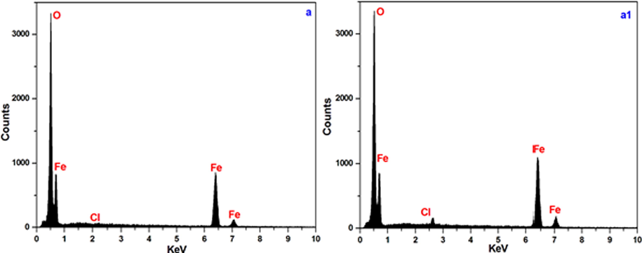 EDX spectra for mild steel in 1 mol/L HCl in the absence (a) and presence of 100 ppm of HHR (a1).