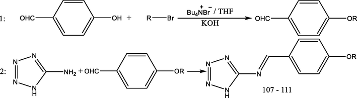 Synthesis of compounds (107–111). 107: 1-(4-butoxyphenyl)-N-(1H-tetrazol-5-yl)methanimine. 108: 1-(4-hexylkoxyphenyl)-N-(1H-tetrazol-5-yl)methanimine. 109: 1-(4-octylkoxyphenyl)-N-(1H-tetrazol-5-yl)methanimine. 110: 1-(4-decylkoxyphenyl)-N-(1H-tetrazol-5-yl)methanimine. 111: 1-(4-dodecylkoxyphenyl)-N-(1H-tetrazol-5-yl)methanimine.