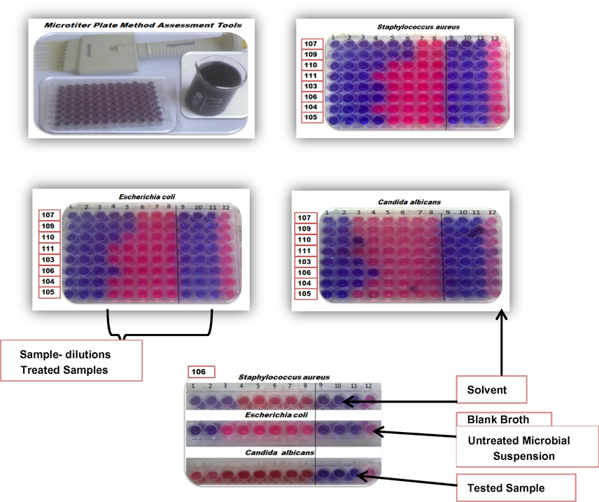 Micro plate MIC evaluation of Staphylococcus aureus, Escherichia coli & Candida albicans treated with tested tetrazoles.