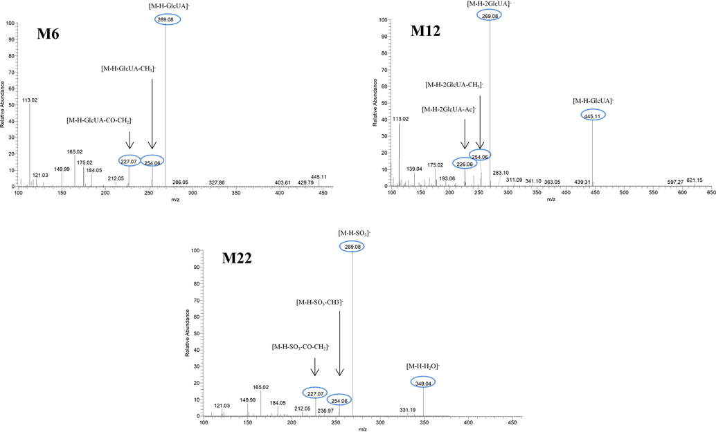 The ESI-MS/MS spectra of M6, M12 and M22 in negative ion mode.