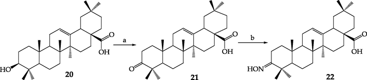 The main oleanolic acid transformations. Reagents and condition: a) Jones reagent, acetone, rt; b) NH2OH × HCl, CH3COONa, EtOH, reflux.