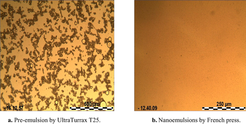 Effect of the high-pressure homogenization on the droplets size distribution (nanoemulsions of ghee in water). a. Pre-emulsion by UltraTurrax T25. b. Nanoemulsions by French press.