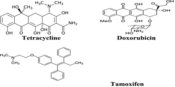 Chemical structures of tetracycline, doxorubicin and tamoxifen (Chanphai et al., 2019).