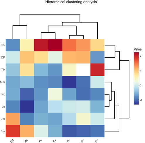 Hierarchal clustering of heavy metals in processed fruits' products.