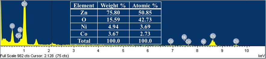 FESEM-EDX spectrum of Ni-Co/ZnO catalyst.