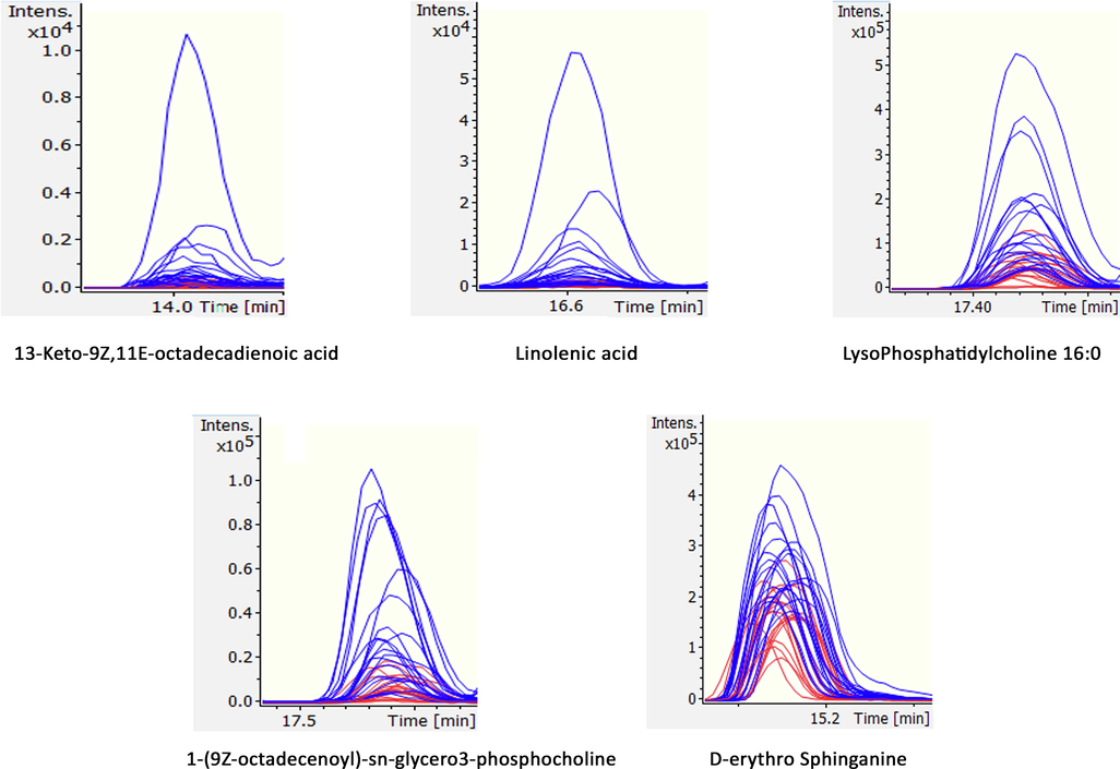 Extracted ion chromatograms (EICs) of the identified metabolites 1–5 in individual samples suggesting clear differences in intensities between each group in original data.