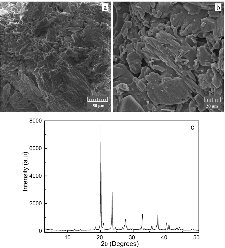 Images obtained by scanning electron microscopy with magnification of 1000× (a) 2000× (b) and X-ray diffractogram of the DL-malic acid (c).