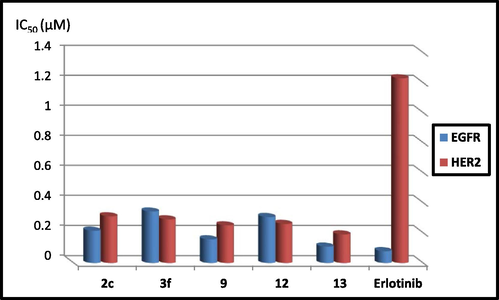 EGFR/HER2 inhibitory effects of compounds 2c, 3f, 9, 12 and 13 compared with Erlotinib.