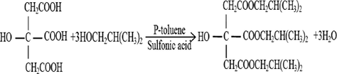 The chemical reaction equation of citric acid and isopentyl alcohol.