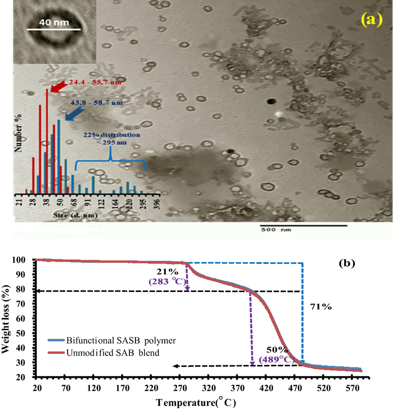 (a) TEM image of SASB nanopolymer blend (inset histogram is the distriburted size diameters by DLS for the SASB (blue) vs. SAB (red) sorbents in nanoscale); (b) TGA curvatures of SAB and SASB polymer blends.