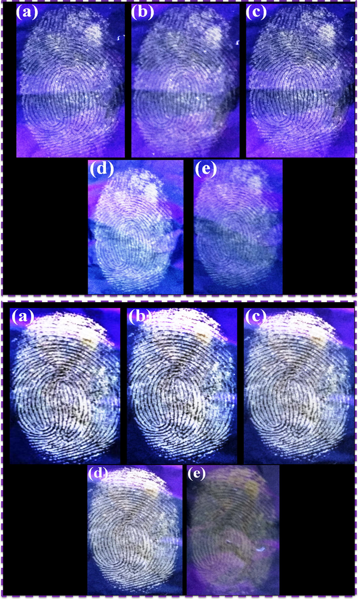 LFPs aged on the surface of aluminum foil surface for different periods of time with N-CDs and N-CDs/ZnONPs nanocomposite under UV light irradiation at 365 nm (a) 1 day, (b) 1 week, (c) 2 weeks, (d) 3 weeks and (e) fourth week.