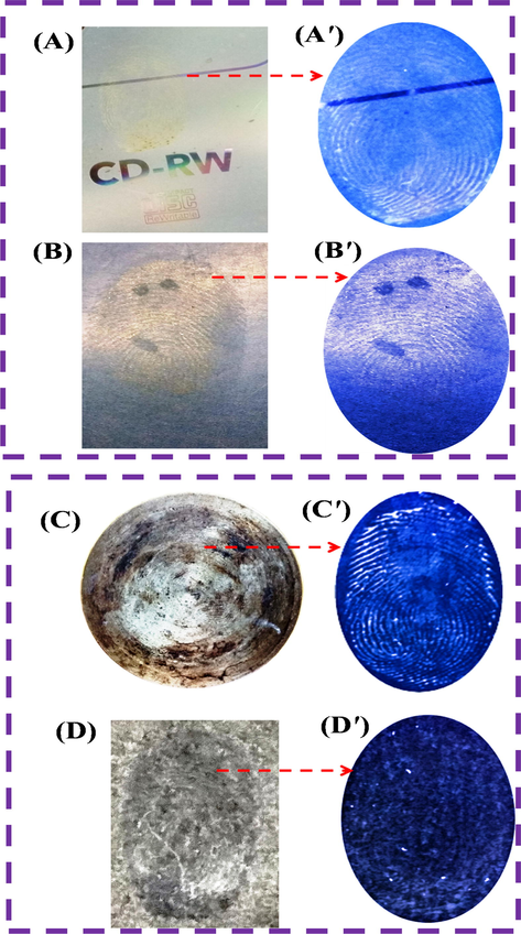 Reproducibility and validation of LFP development on aluminum foil surface by using N-CDs/ZnONPs nanocomposite under UV light irradiation of 365 nm with same images.