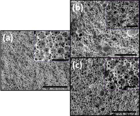 SEM images of polyHIPEs prepared with EGDMA as cross-linker (a) sample 8, (b) sample 9, and (c) sample 10, big scale bar 100 µm and inset scale bar 10 µm.