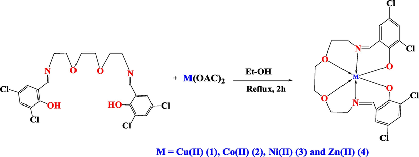 Synthetic protocol of metal(II) complexes 1–4.